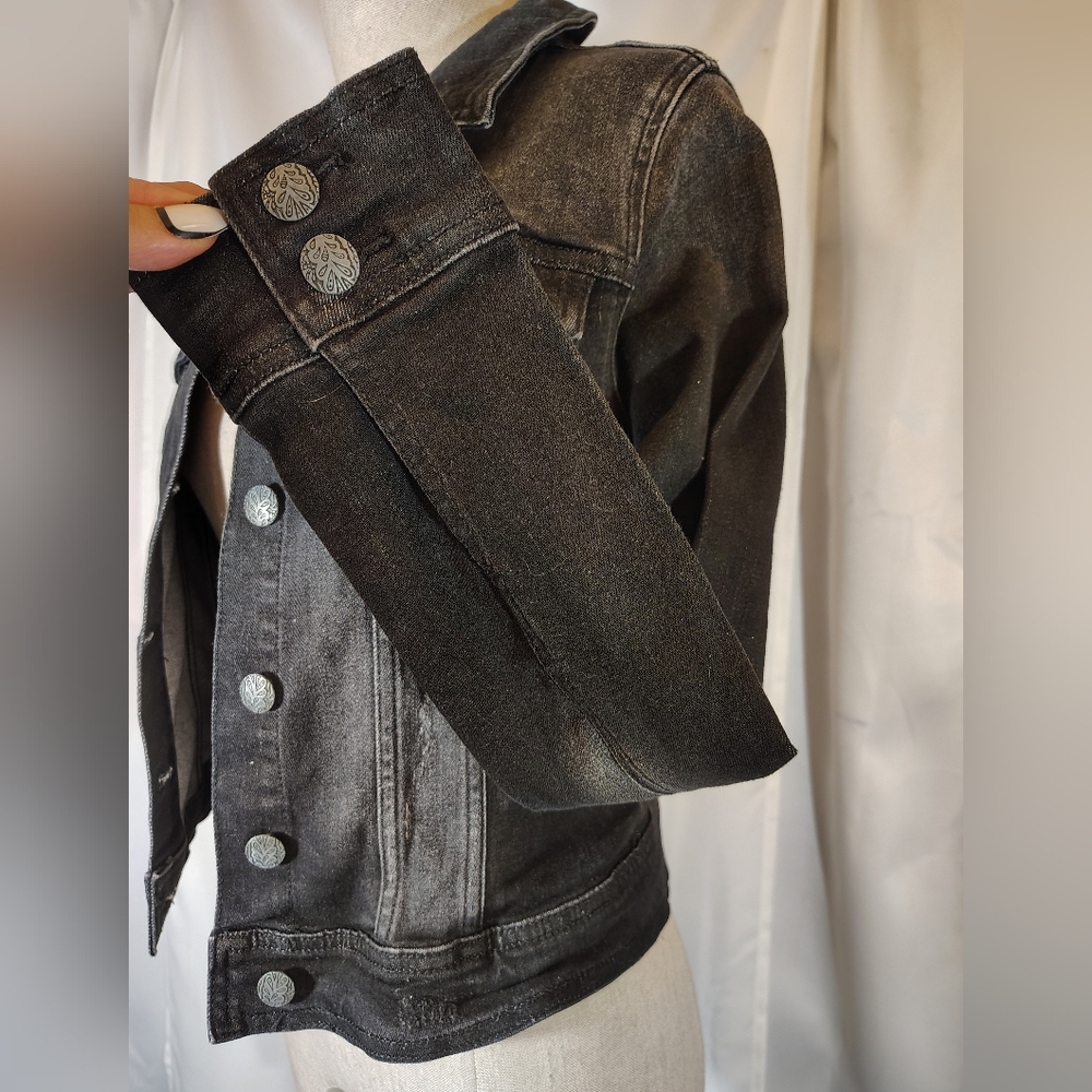 Prana Denim Crop Jacket, Black Distressed Jean  Pockets,Collar,BttnUp,Stretch,XS - Picture 4 of 8